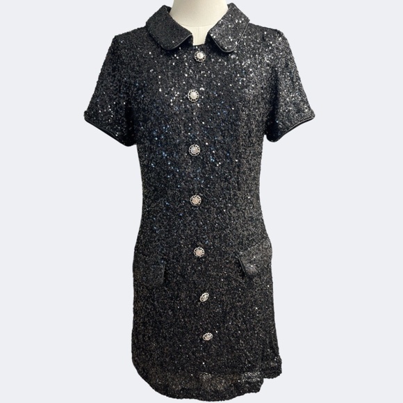 Mable Mini Dress Size M Black Sequins Button Detail Lined Stretch Back Zipper - Picture 1 of 15